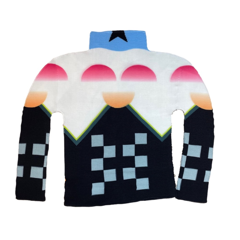 beautiful colorful abstract print pleated long sleeve blouse with high collar